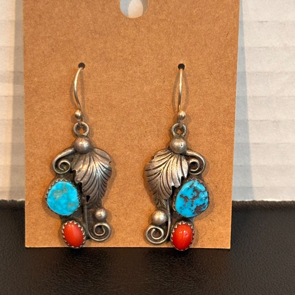Phil Chapo Vintage Native American Navajo Turquoise Coral Dangle Earrings Silver